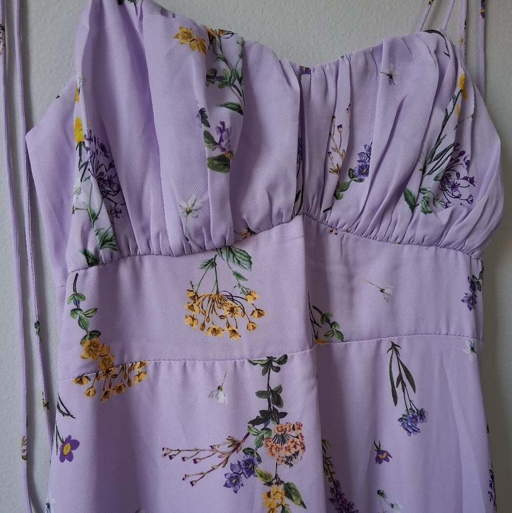 Showpo Purple Floral Dress With Strap Ties - Picture 2 of 10